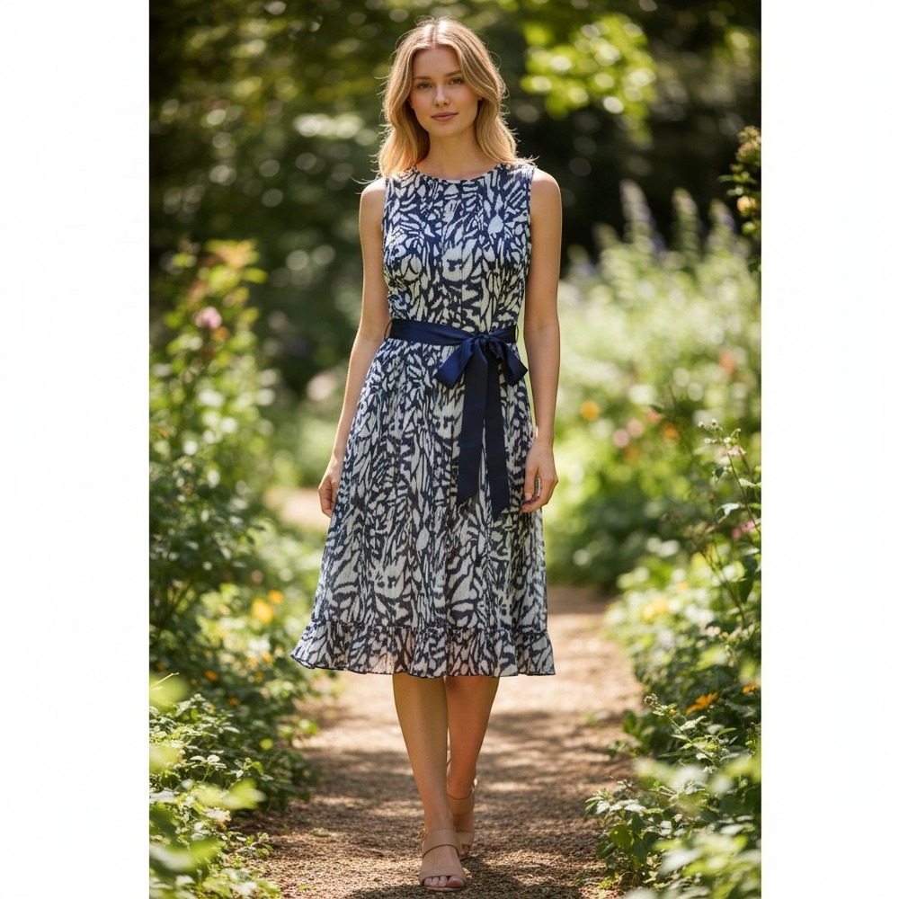 Jessica Howard Size 12 Navy Abstract Chiffon Fit & Flare Midi Dress